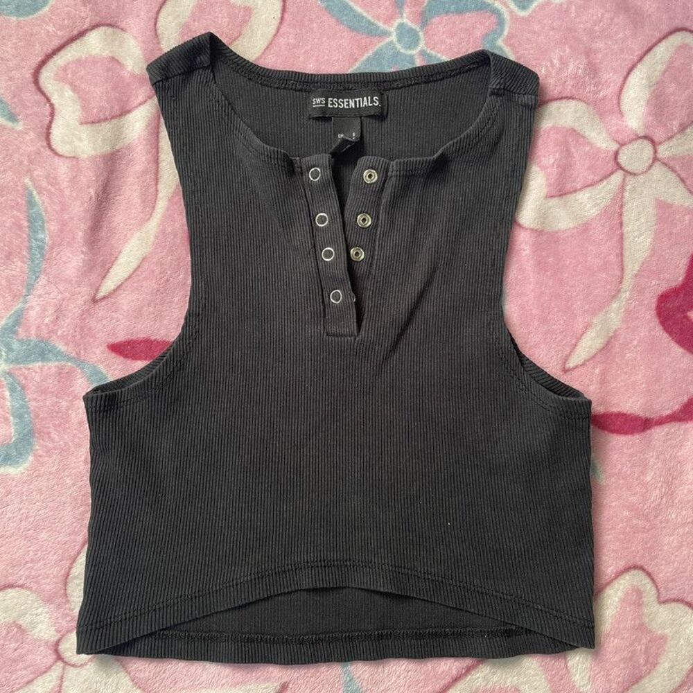SWS Essentials Ribbed Button Down Black Crop Tank Top Small